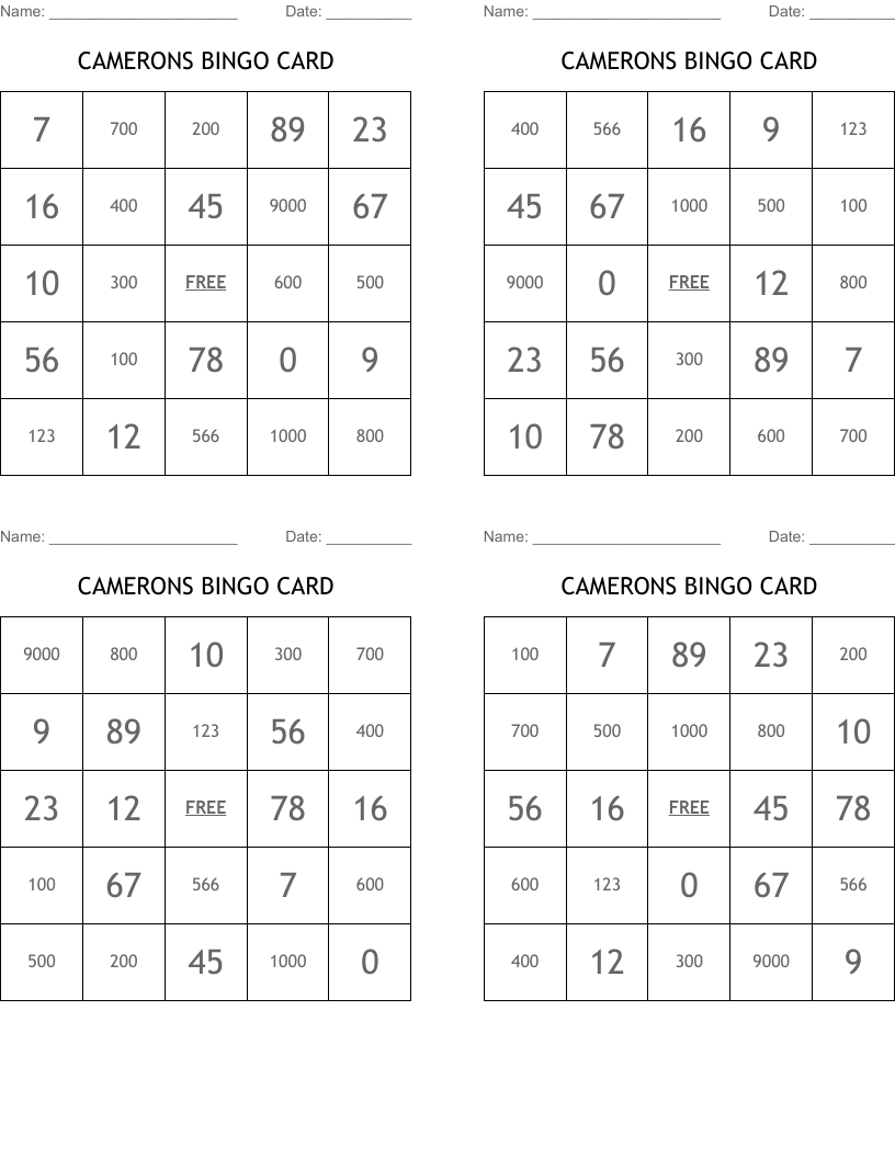 Number 0 1000 Bingo Cards WordMint