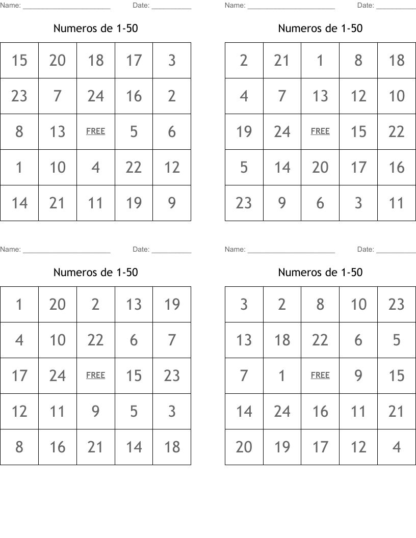 Numeros De 1 50 Bingo Cards WordMint