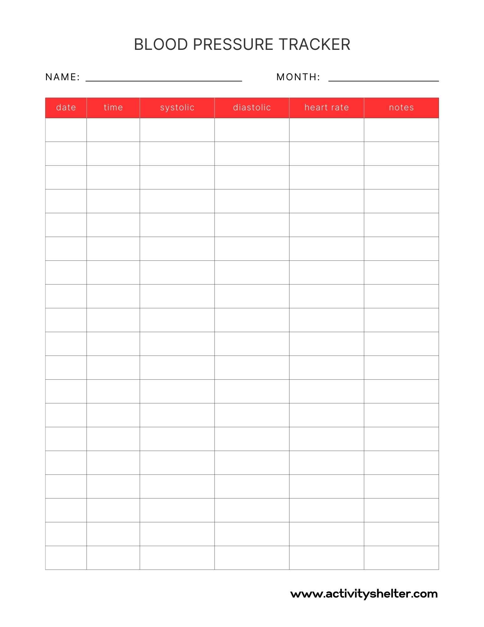Printable Blood Pressure Log Activity Shelter