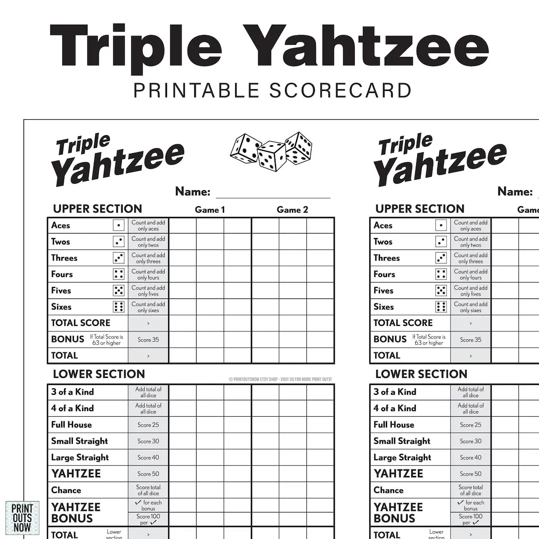 Free Printable Yahtzee Score Card