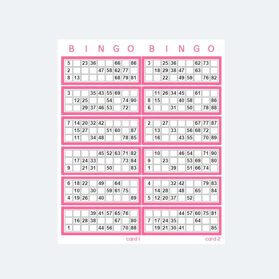 Printable UK Style 1 90 Bingo Ticket Cards 2 Per Page 500 Pages 1000 Cards Pretty In Pink Printable PDF Download Etsy