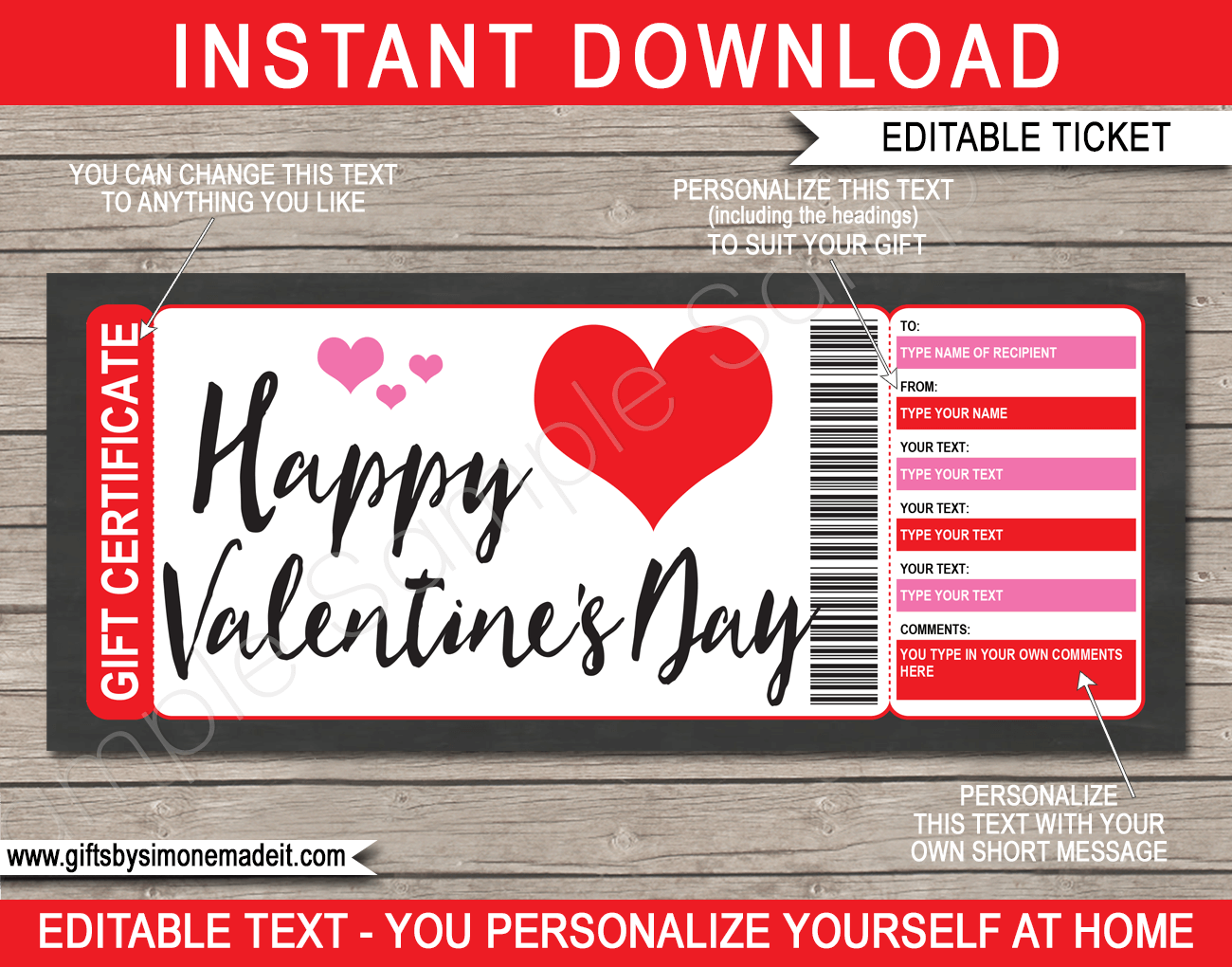 Printable Valentine s Day Gift Certificate Custom Personalized Template