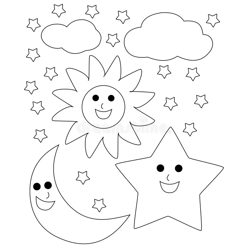 Sun Moon And Stars With Clouds Coloring Page Stock Photo Illustration Of Pages Star 263160612