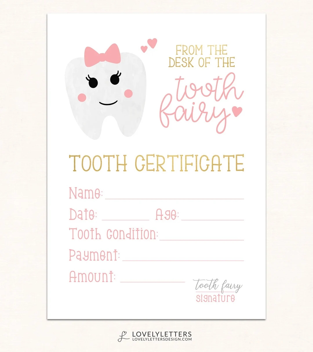 Tooth Fairy Certificate DIGITAL Tooth Fairy Printable Tooth Fairy Receipt Girls Tooth Fairy Print Certificate From Tooth Fairy Etsy