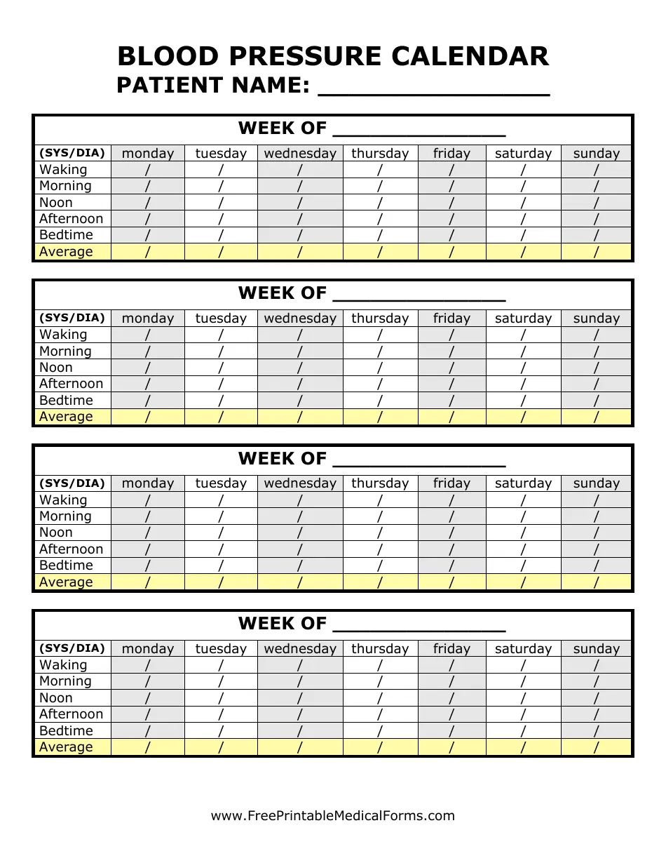 Weekly Blood Pressure Calendar Template Download Printable PDF Templateroller