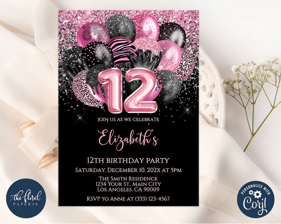 12th Birthday Invitation Template Editable Black And Pink Birthday Invitation Balloons Birthday Invites Girl Birthday Princess Birthday Etsy