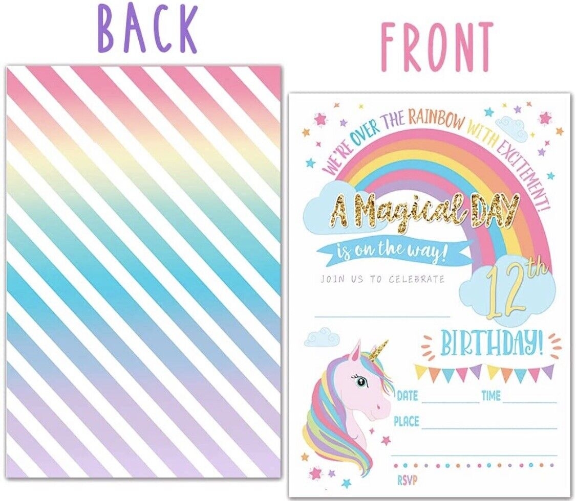 12th Birthday Unicorn Invitations Magical Rainbow Celebrate 20 Cards Envelopes EBay