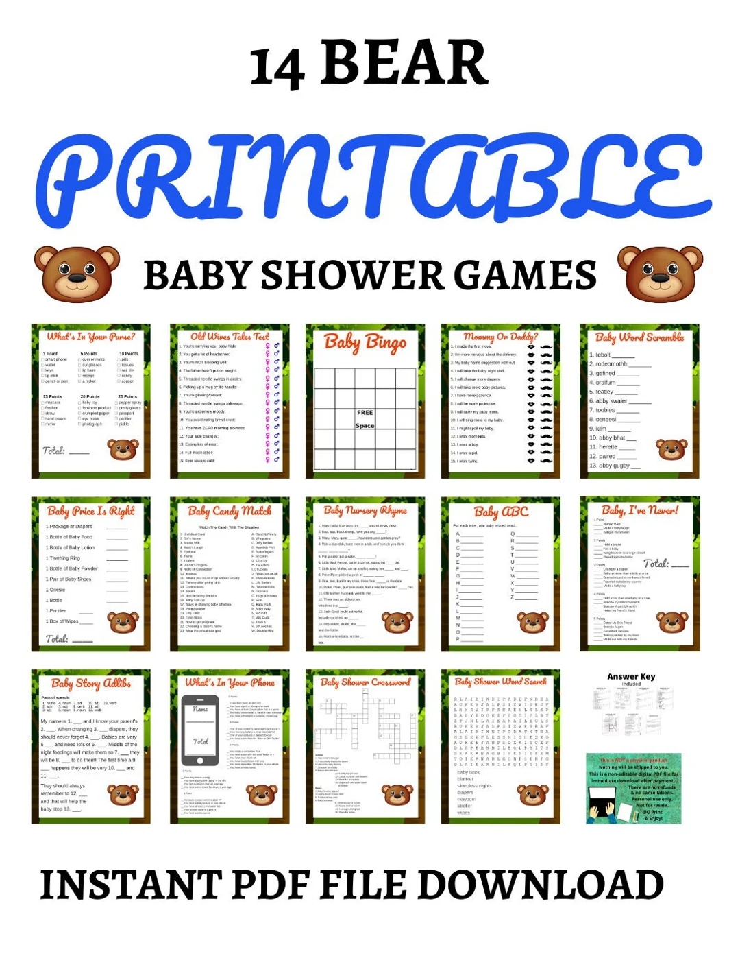 14 Printable Bear Baby Shower Games Answer Key Bundle Instant Download PDF File Baby Shower Game Baby Shower Party Games Etsy