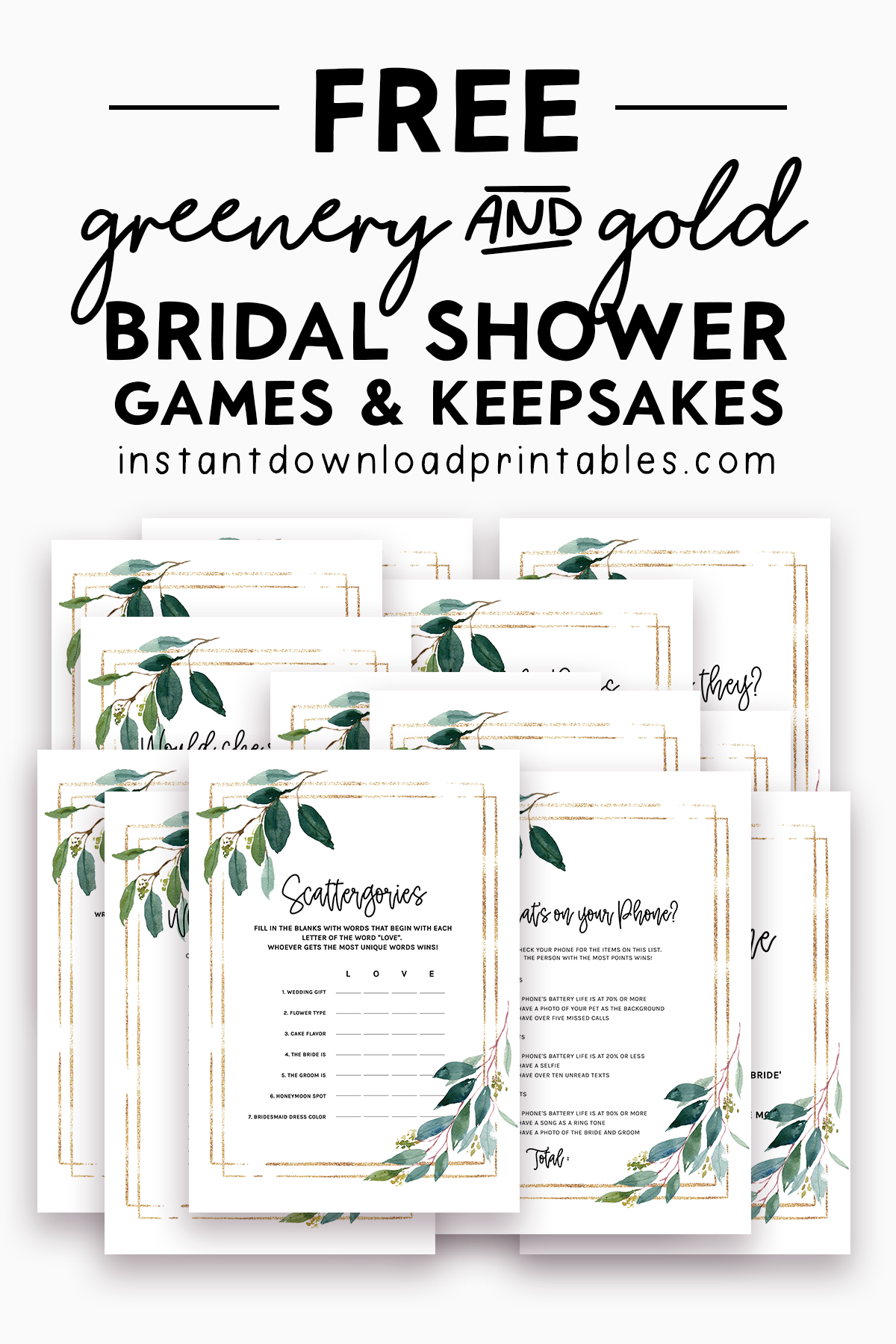 15 Free Bridal Shower Games And Keepsakes Printables Greenery 
