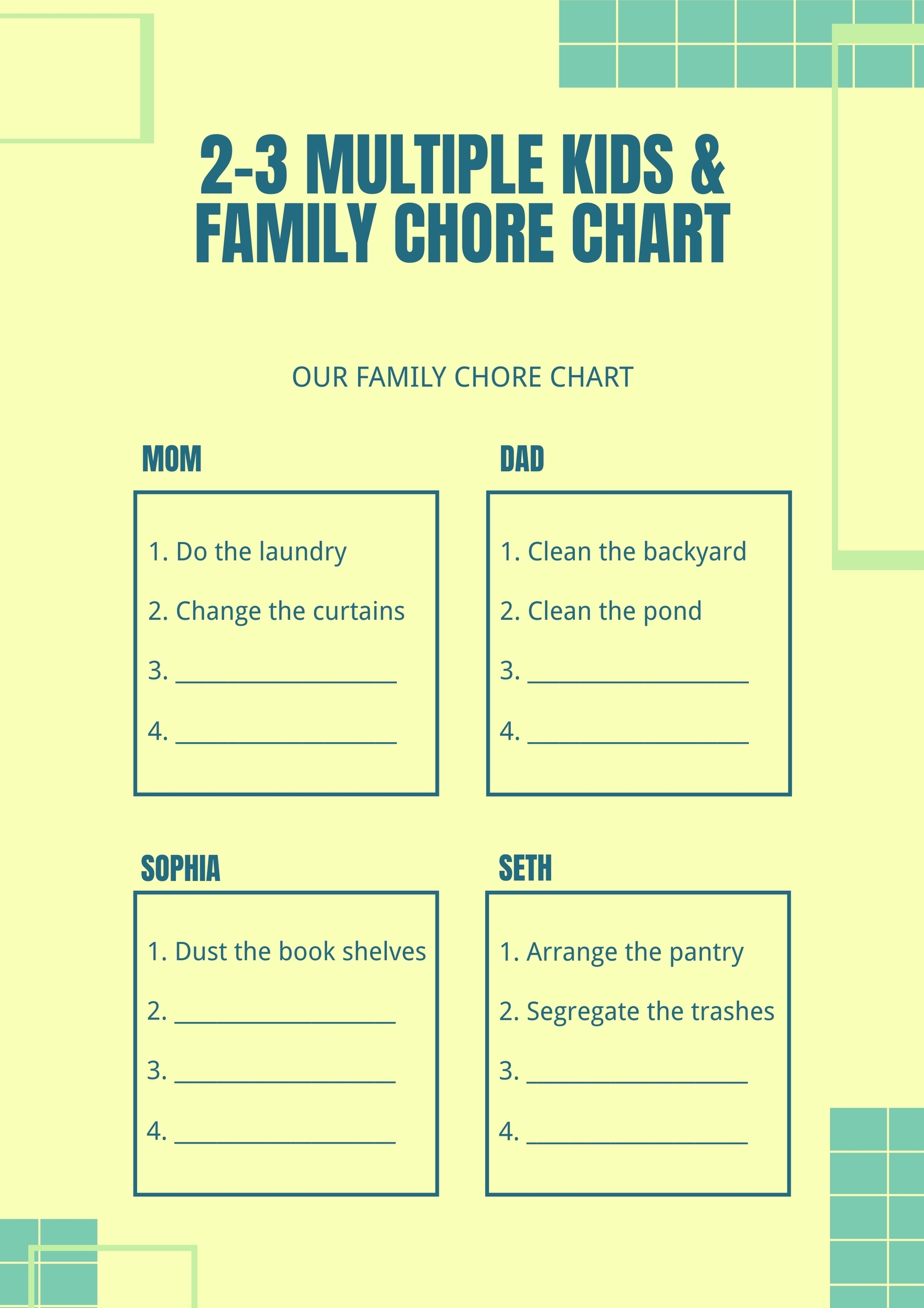 2 3 Multiple Kids Family Chore Chart In Illustrator PDF Download Template