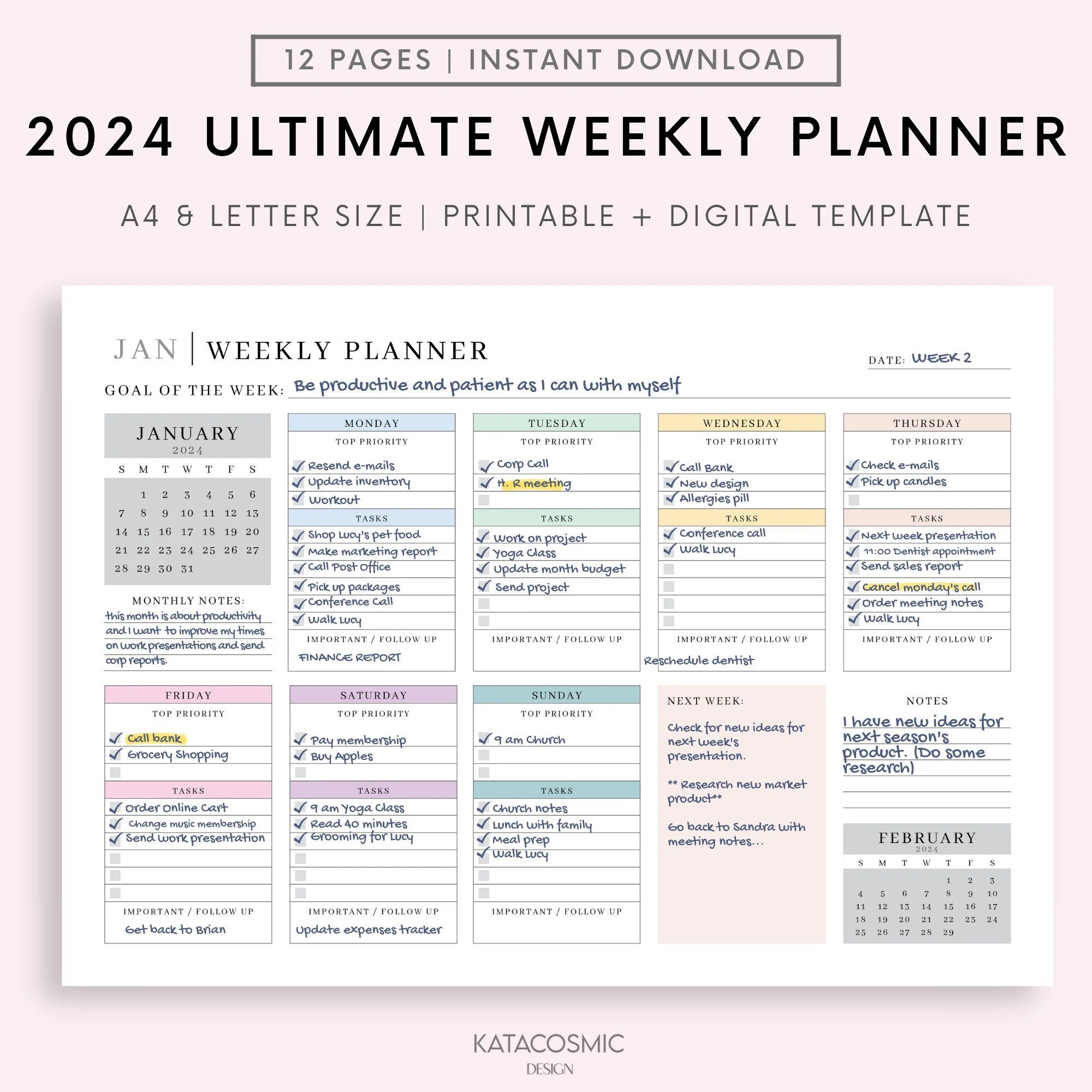 2024 Weekly Planner Printable Landscape Minimalist Weekly Schedule Week At A Glance Weekly Organizer Office Planner To Do Desk Planner Etsy