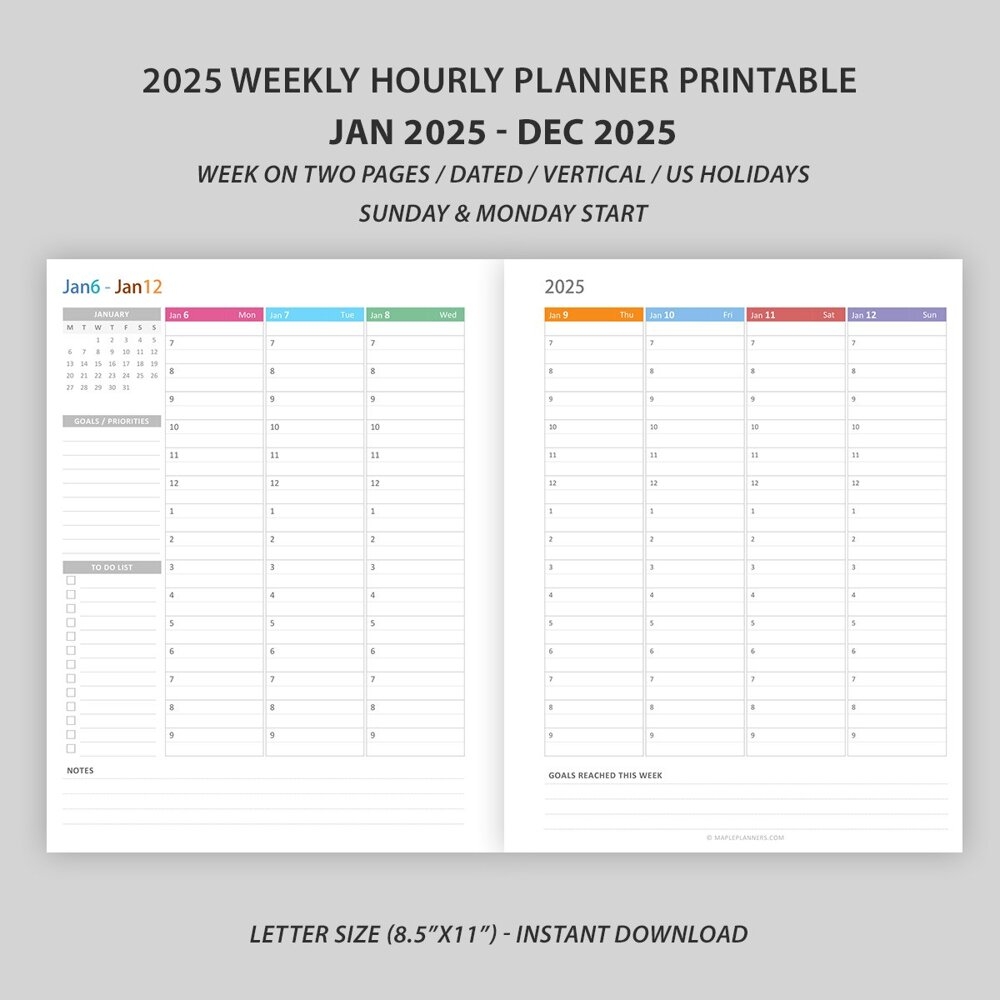 2025 Weekly Hourly Planner Printable Vertical Weekly Planner