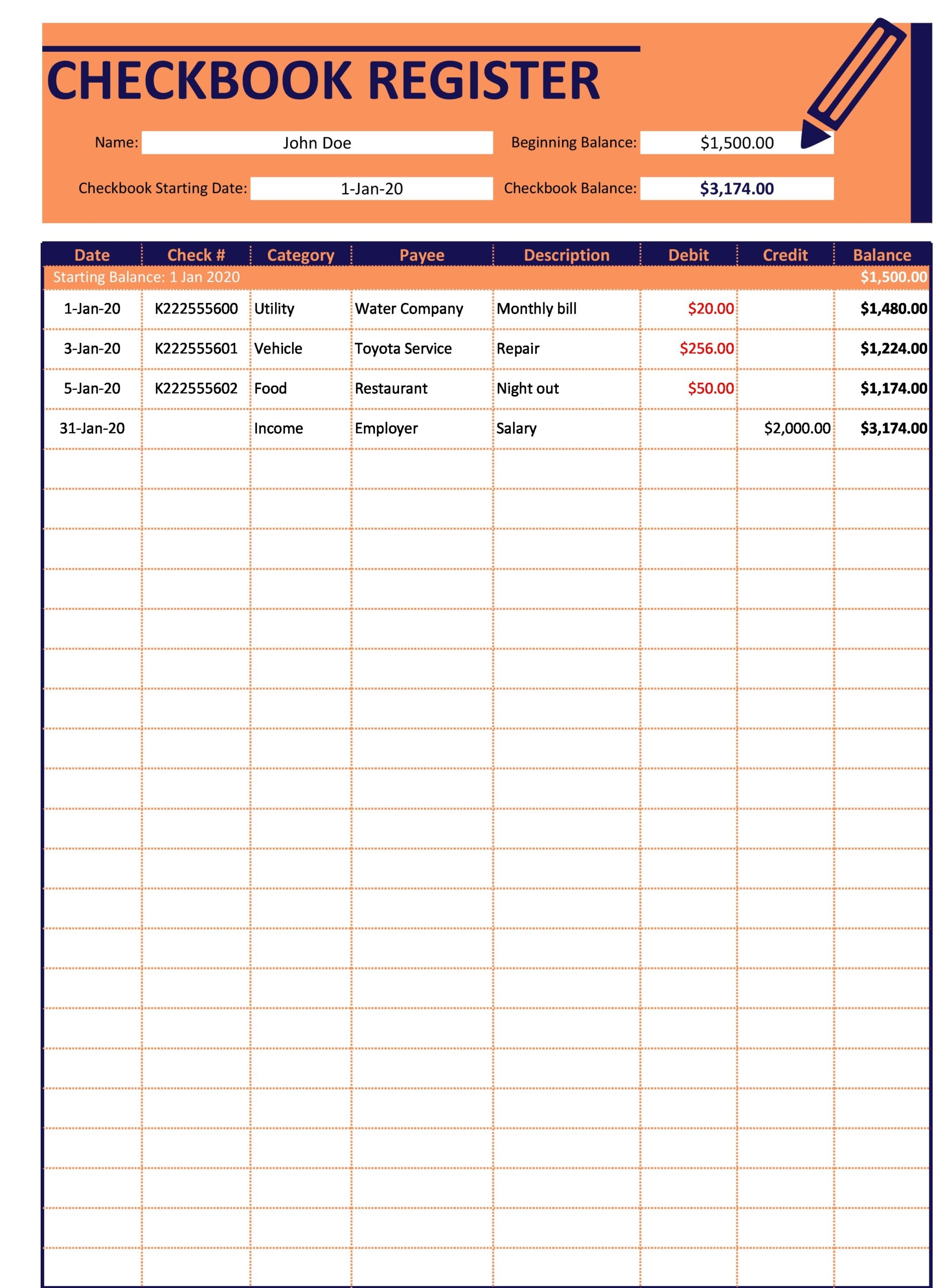 Free Printable Checkbook Register Template