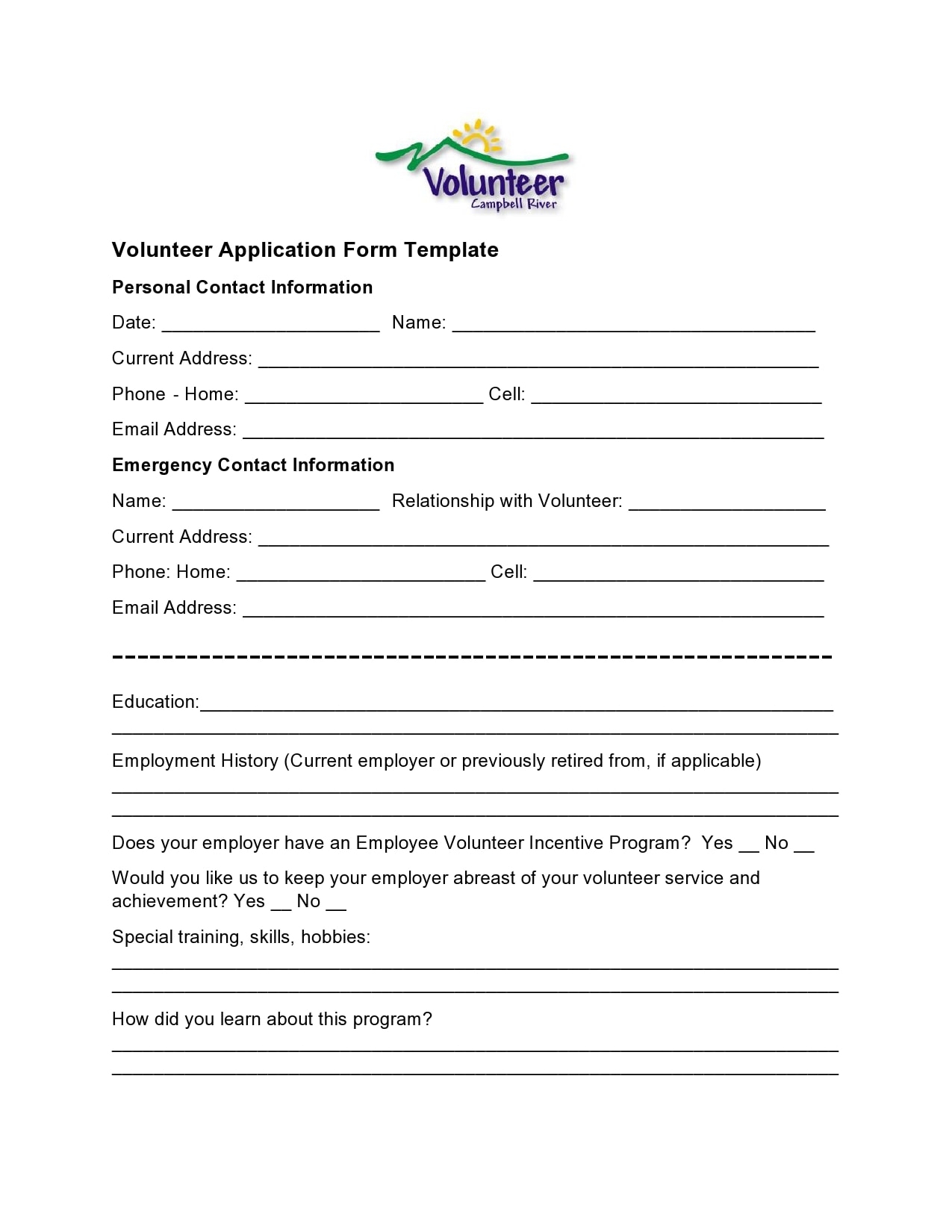 30 Printable Volunteer Application Templates Free TemplateArchive