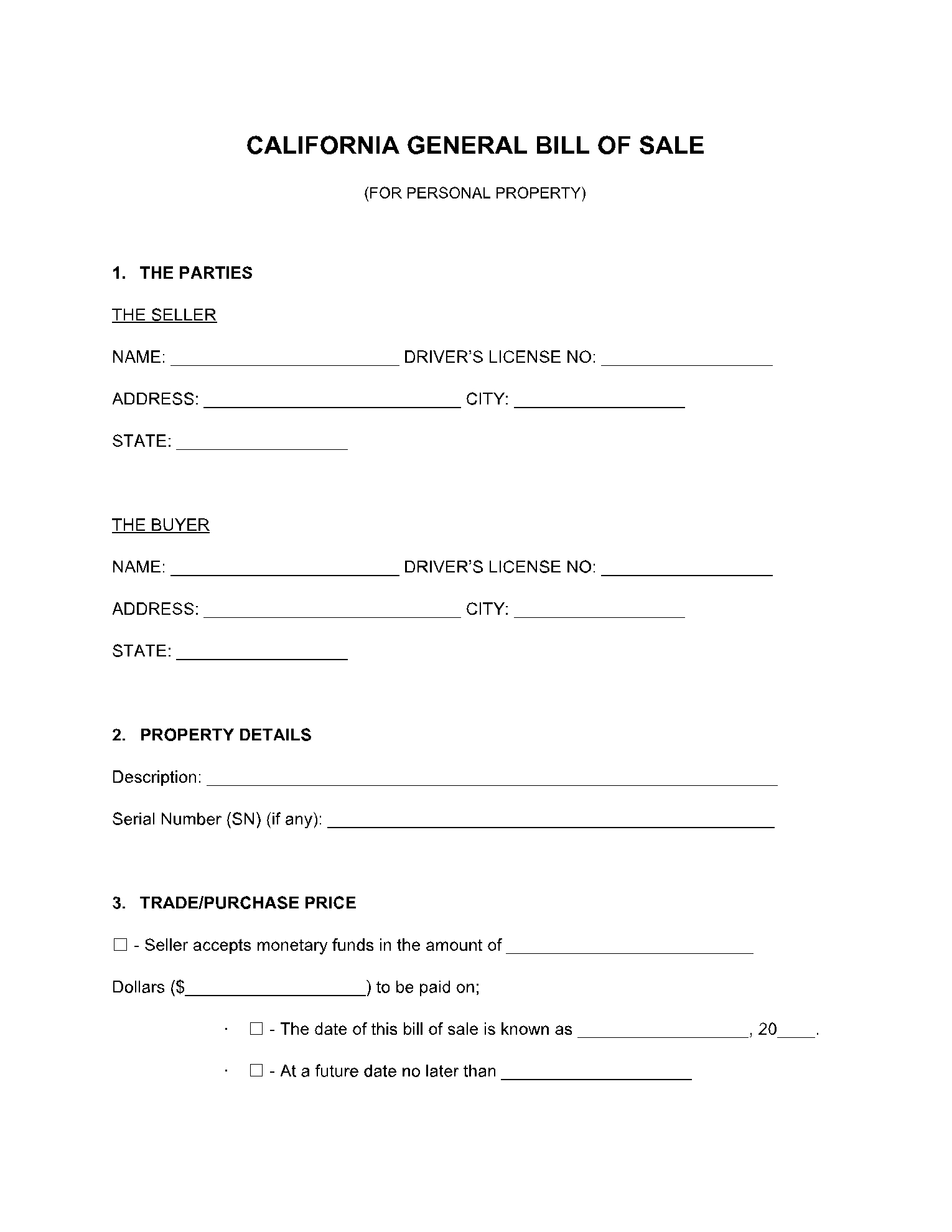 Free Printable Bill Of Sale For Car Florida