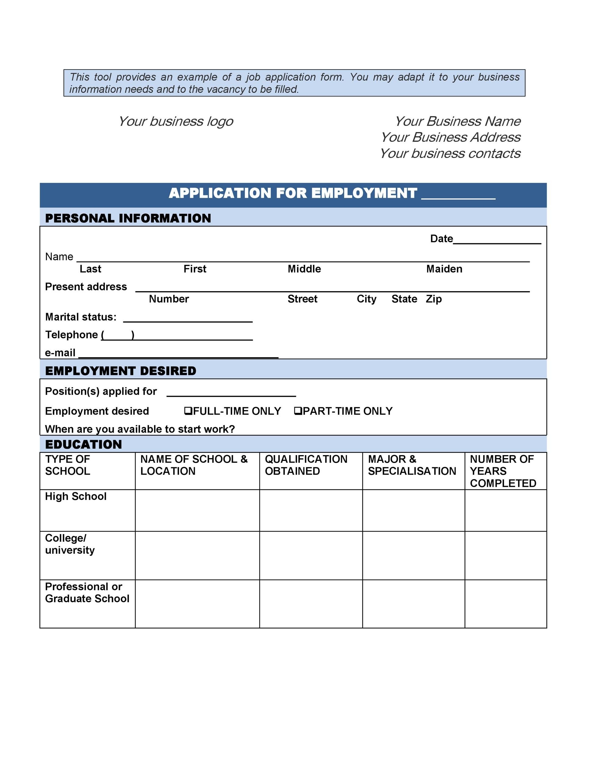 50 Free Employment Job Application Form Templates Printable Worksheets Library