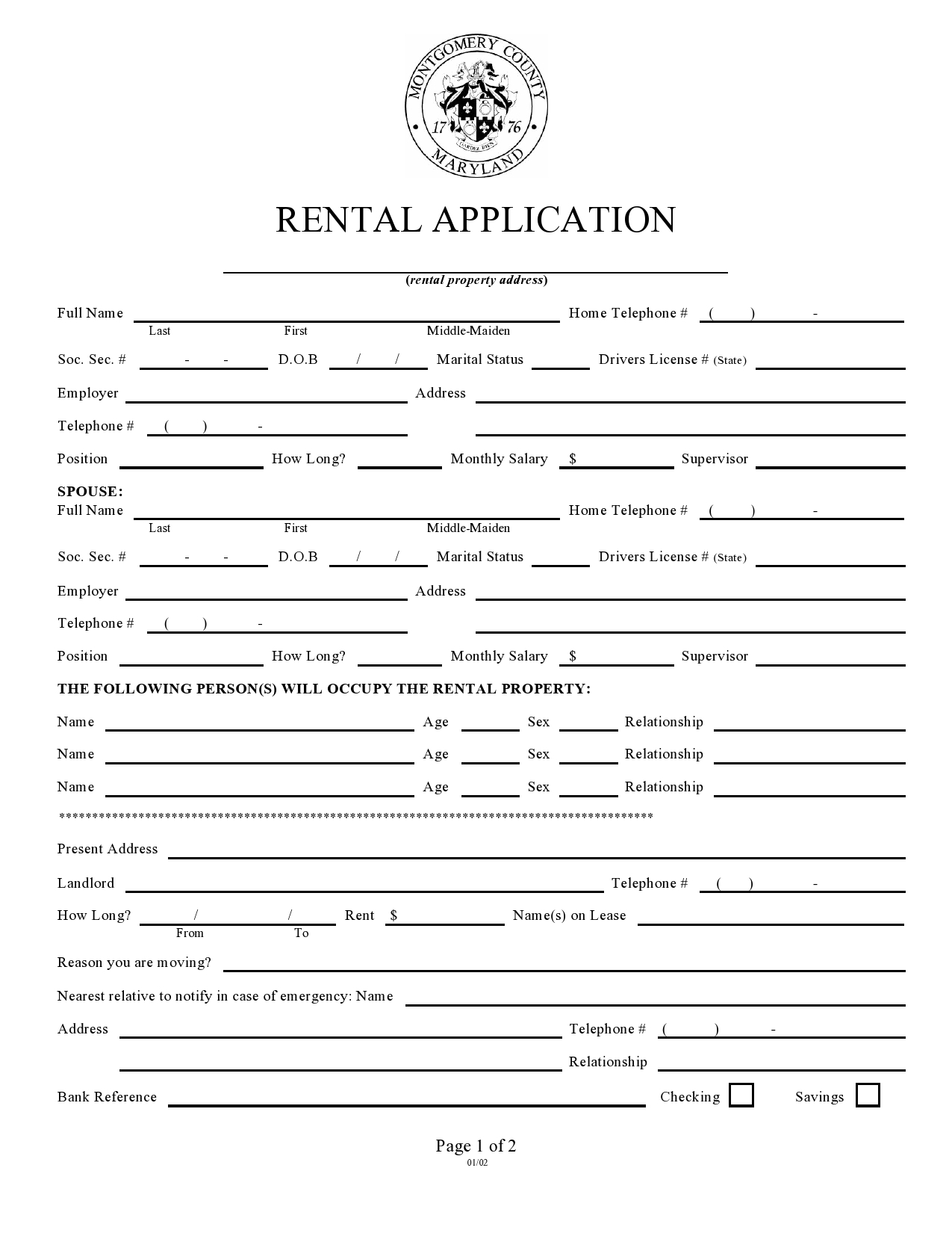 Free Printable Application For Rental