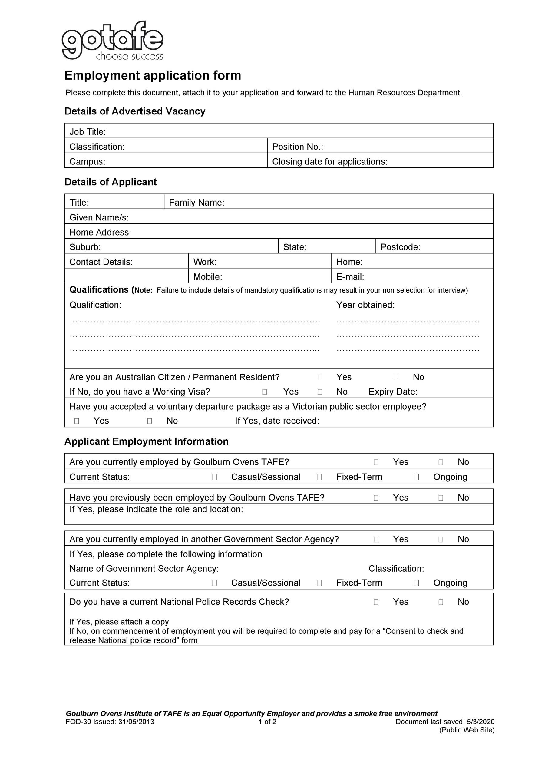 Free Printable Job Application Forms To Print