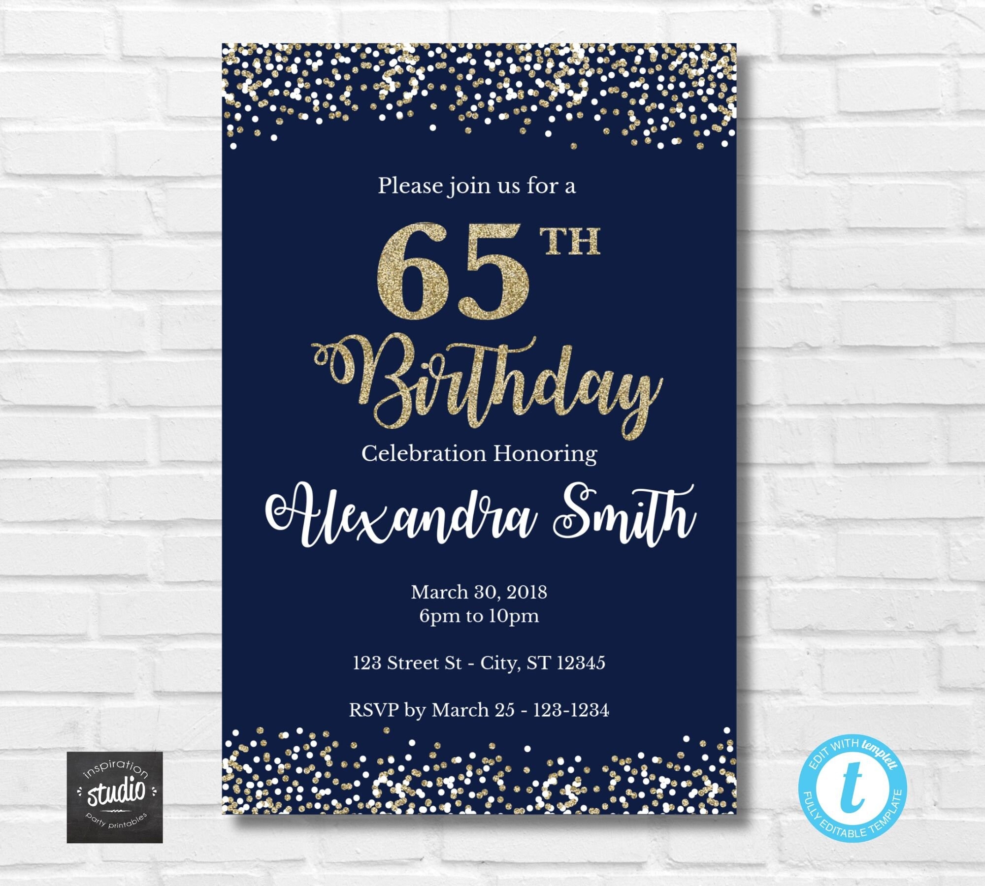 65th Birthday Invitation Template 65th Birthday Invite Blue And Gold Glitter Instant Template 5 X 7 4 X 6 Easy To Use Template Etsy