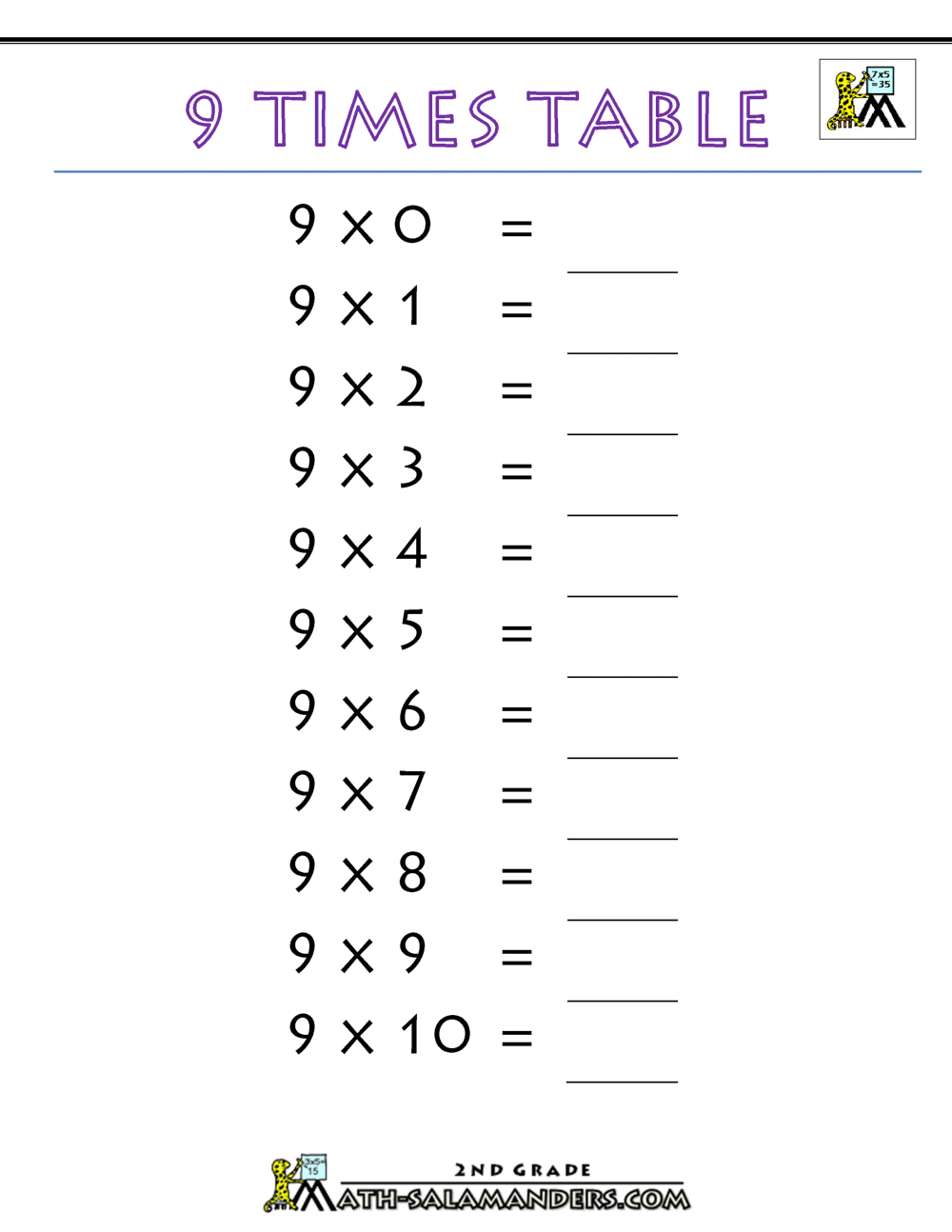 9 Times Table Worksheets Library