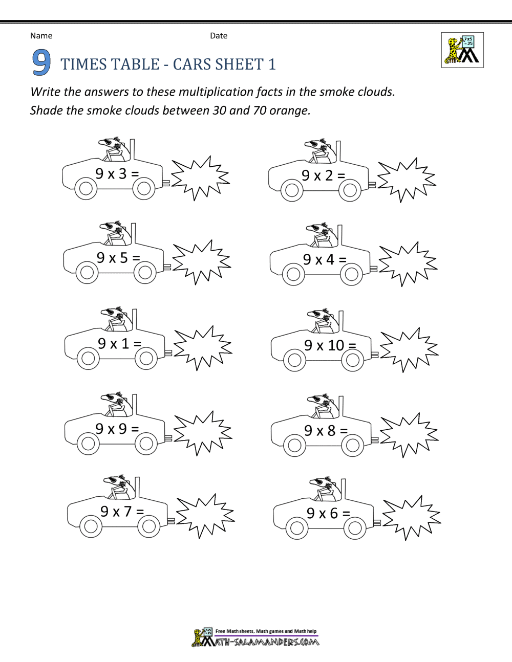 9 Times Table Worksheets