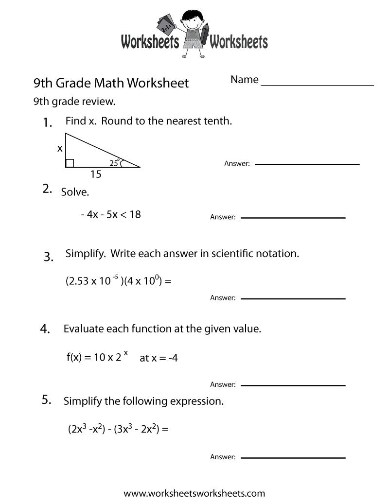 Free Printable Math Worksheets 9th Grade