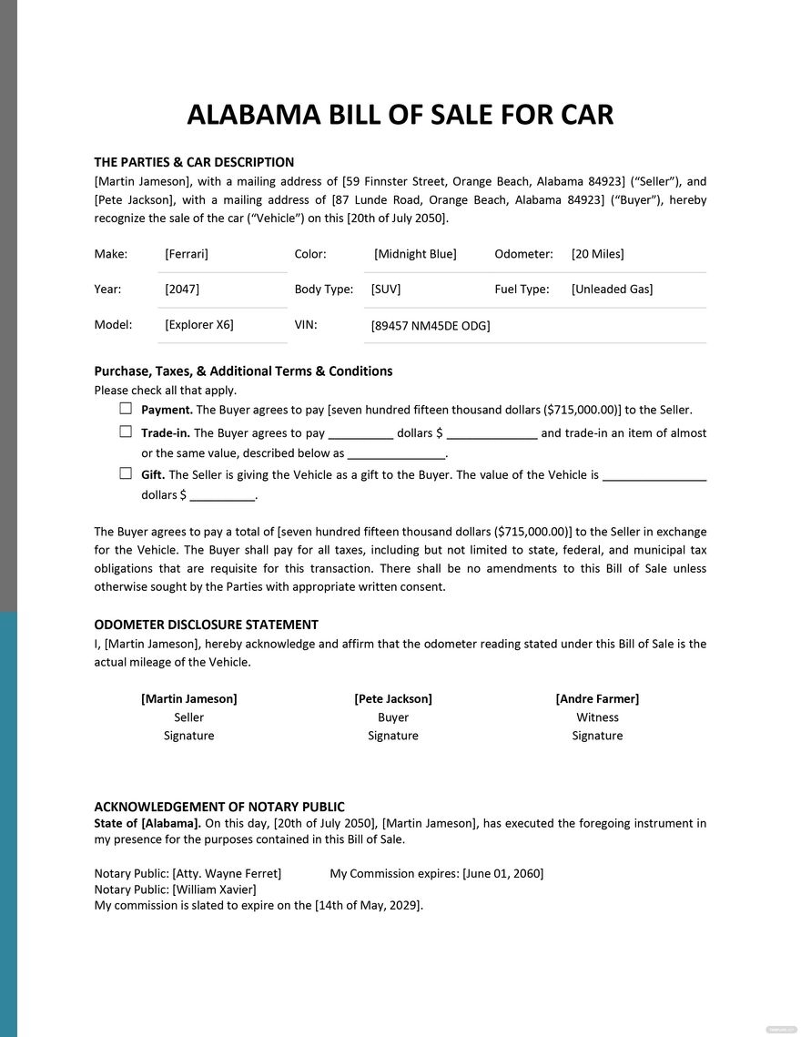 Alabama Bill Of Sale For Car Template In PDF Word Google Docs Download Template
