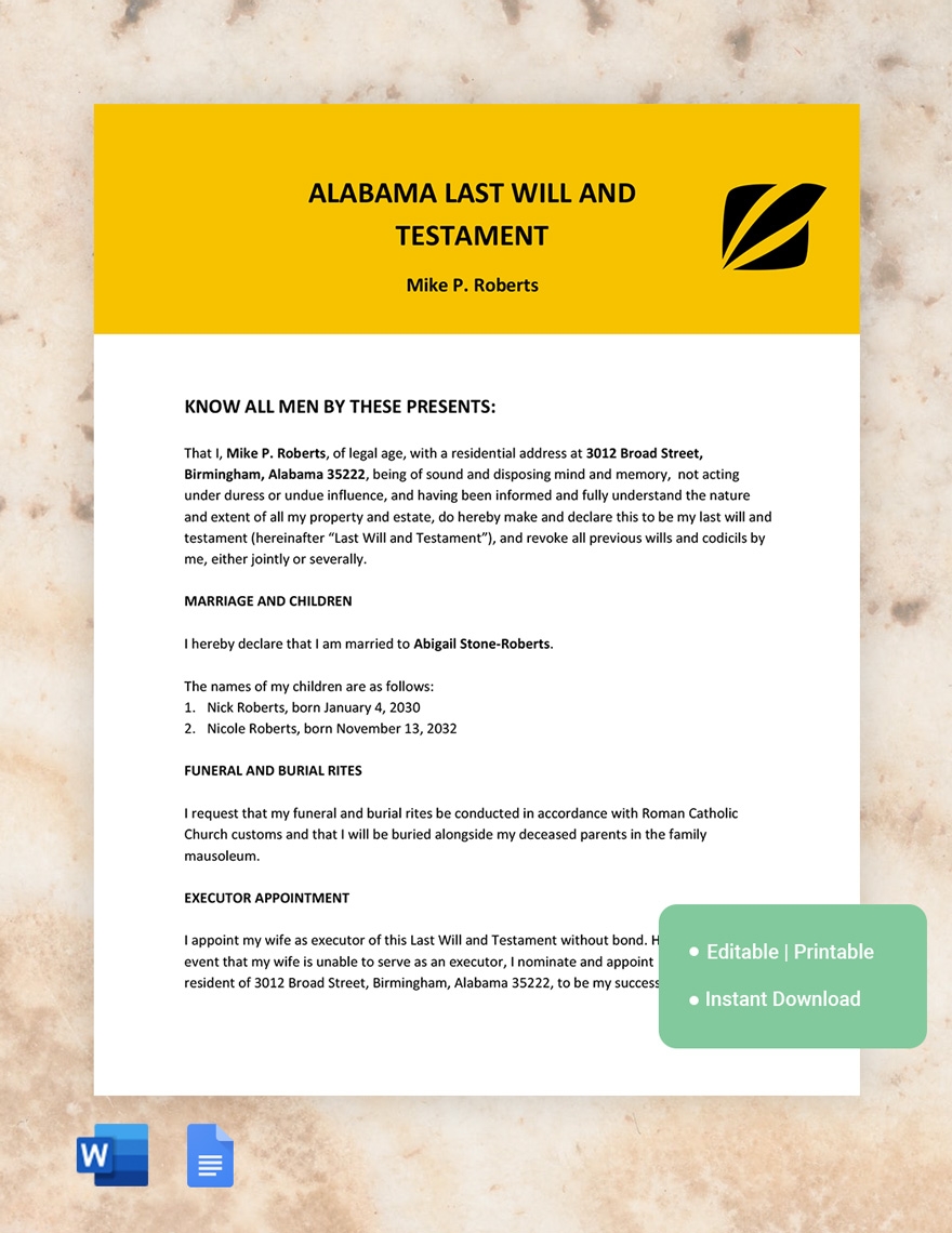 Printable Will Forms Free Alabama