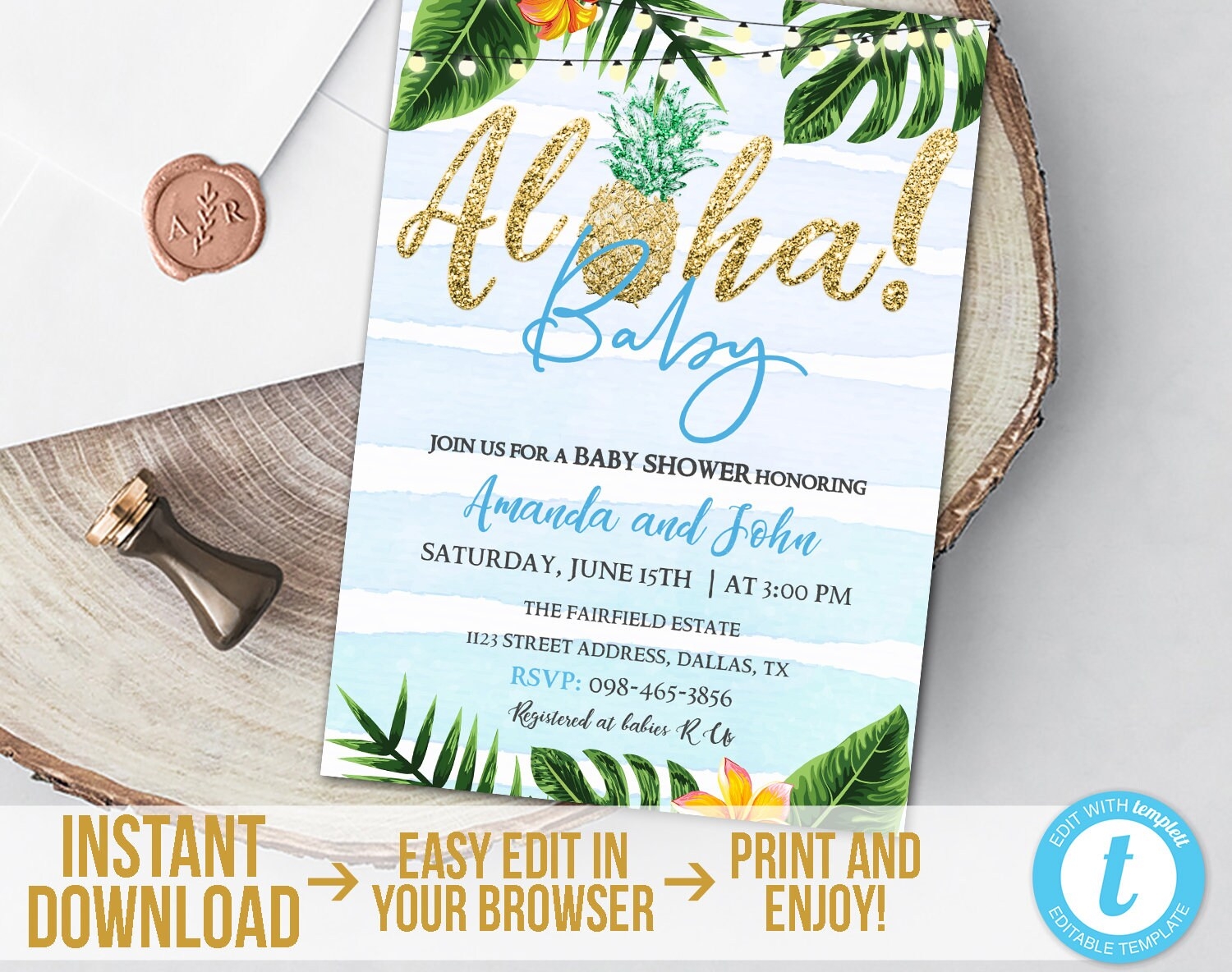 Aloha Baby Shower Invitation Gold Tropical Baby Shower Boy Printable Pineapple Baby Shower Party Luau Hawaiian Download Editable TGAB Etsy