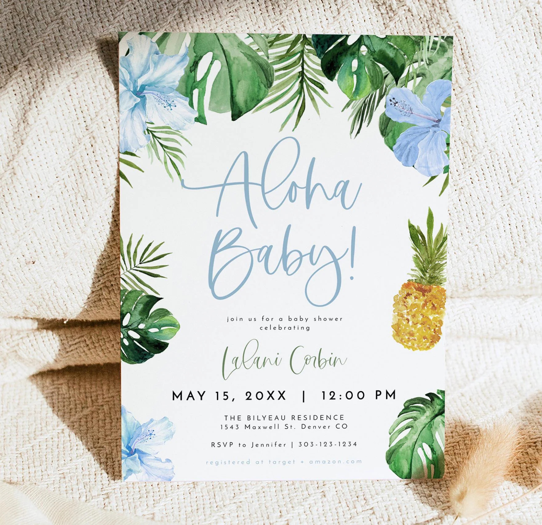 Aloha Baby Shower Invitation Template Luau Baby Shower Invitation Tropical Baby Shower Beach Baby Shower Pineapple Hibiscus Boy LALANI Etsy