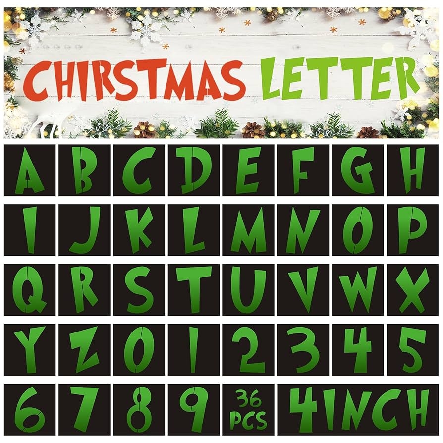 Amazon 36 Pieces Christmas Alphabet Stencils Reusable Grinch Letter Number Stencil Templates Christmas Holiday Wood Wall Fabric Chalkboard Sign DIY Art Projects Decoration 4 Inch Arts Crafts Sewing