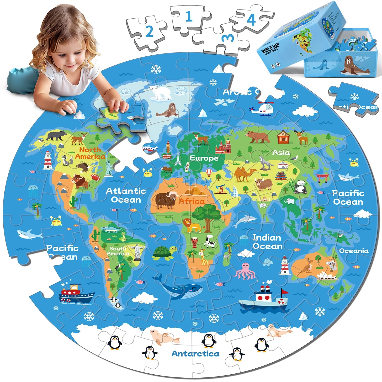 Amazon 72 Piece World Map Jigsaw Puzzle For Kids 3 5 4 6 Globe Round Floor Puzzles Geography Educational Birthday Gifts Learning Resource Educational Montessori Toys World Map Toys Games
