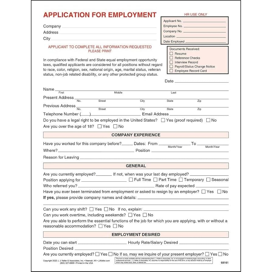 Amazon Application For Employment Form 8 5 X 11 25 Pack J J Keller Associates Inc Office Products