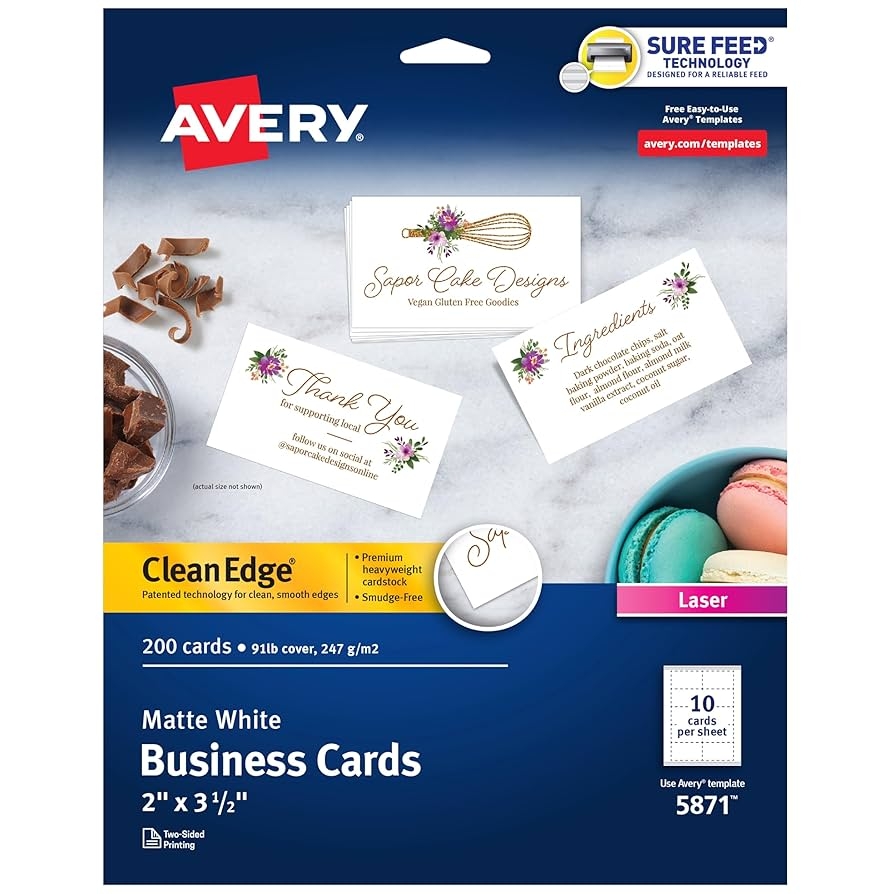 Amazon Avery Clean Edge Printable Business Cards With Sure Feed Technology 2 X 3 5 White 200 Blank Cards For Laser Printers 5871 Business Card Stock Office Products