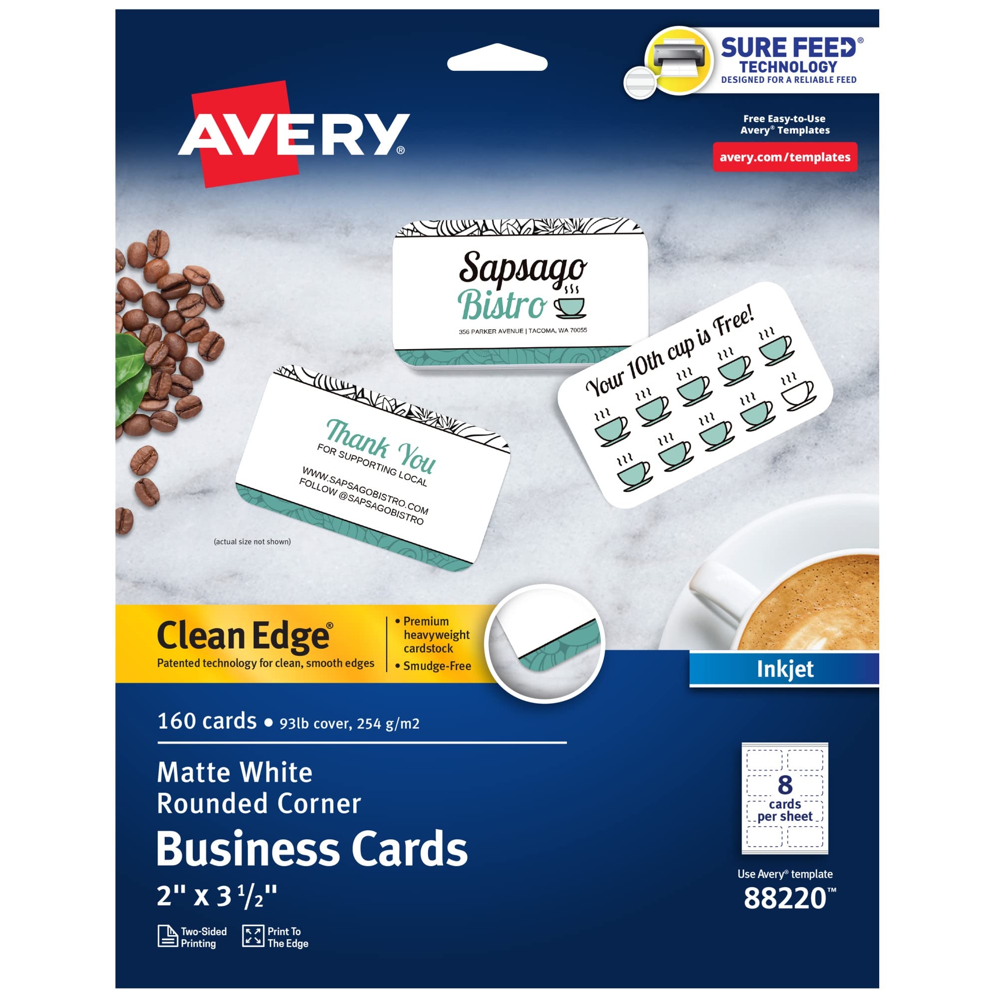 Amazon Avery Clean Edge Printable Business Cards With Sure Feed Technology Rounded Corners 2 X 3 5 White 160 Blank Cards For Inkjet Printers 88220 Business Card Stock Office Products