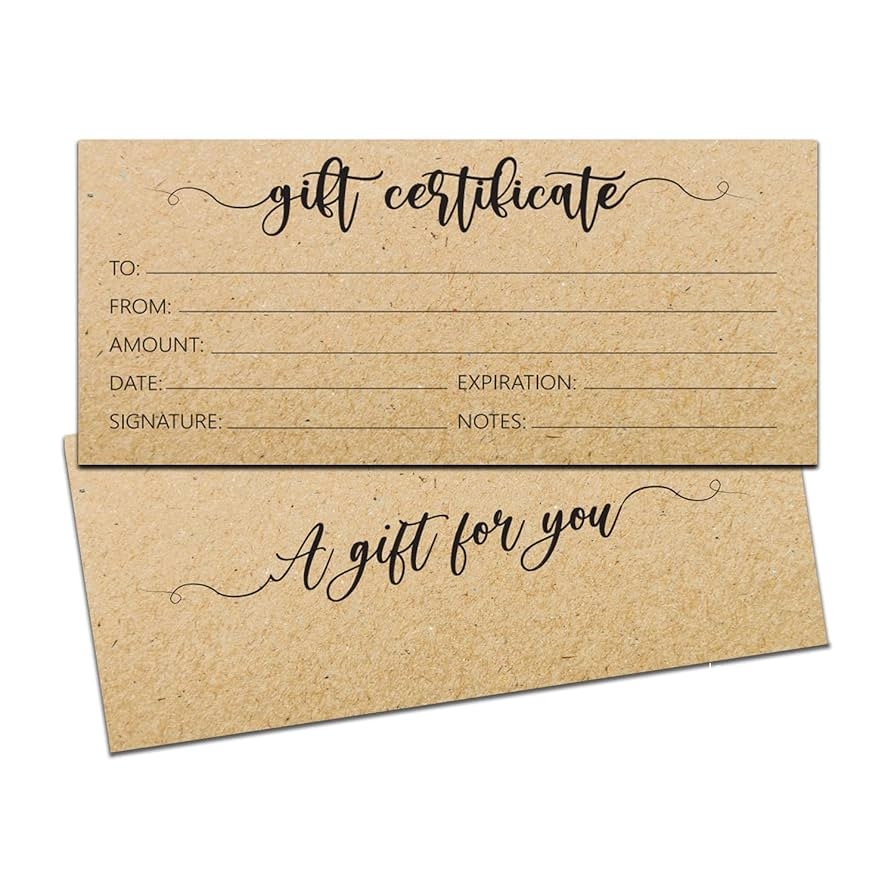 Amazon Blank Gift Certificates For Business 25 Rustic Gift Certificate Cards With For Spa Salon Restaurants Custom Client Vouchers For Birthday 4x9 Inches Work Gift Card Kraft Design Office Products