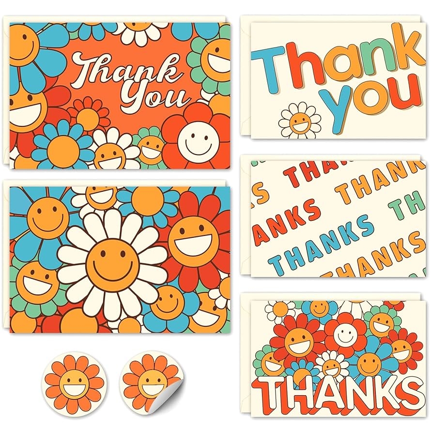 Amazon Boho Retro Thank You Cards With Envelopes 24PCS Graduation Thank You Cards For Teachers Kids Groovy Hippie Bulk Floral Thank You Notes With Envelopes Smiley Face Sunflower Baby Shower 