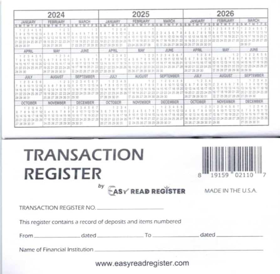 Amazon Checkbook Register Made In The USA Check Registers For Personal Blank Ledger Transaction Registers For Personal Or Business Bank Check Register Book 24 25 26 Calendars 10 Office Products