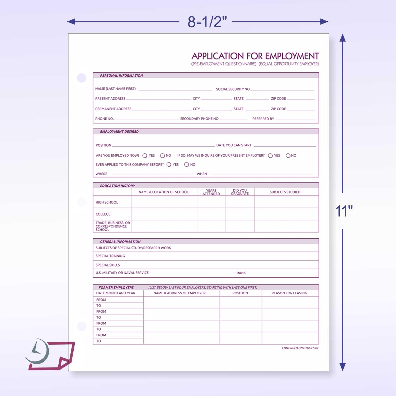 Amazon Employment Application Forms 8 5 X 11 Inches Pack Of 100 Double Sided 3 Hole Punched White Paper Office Products
