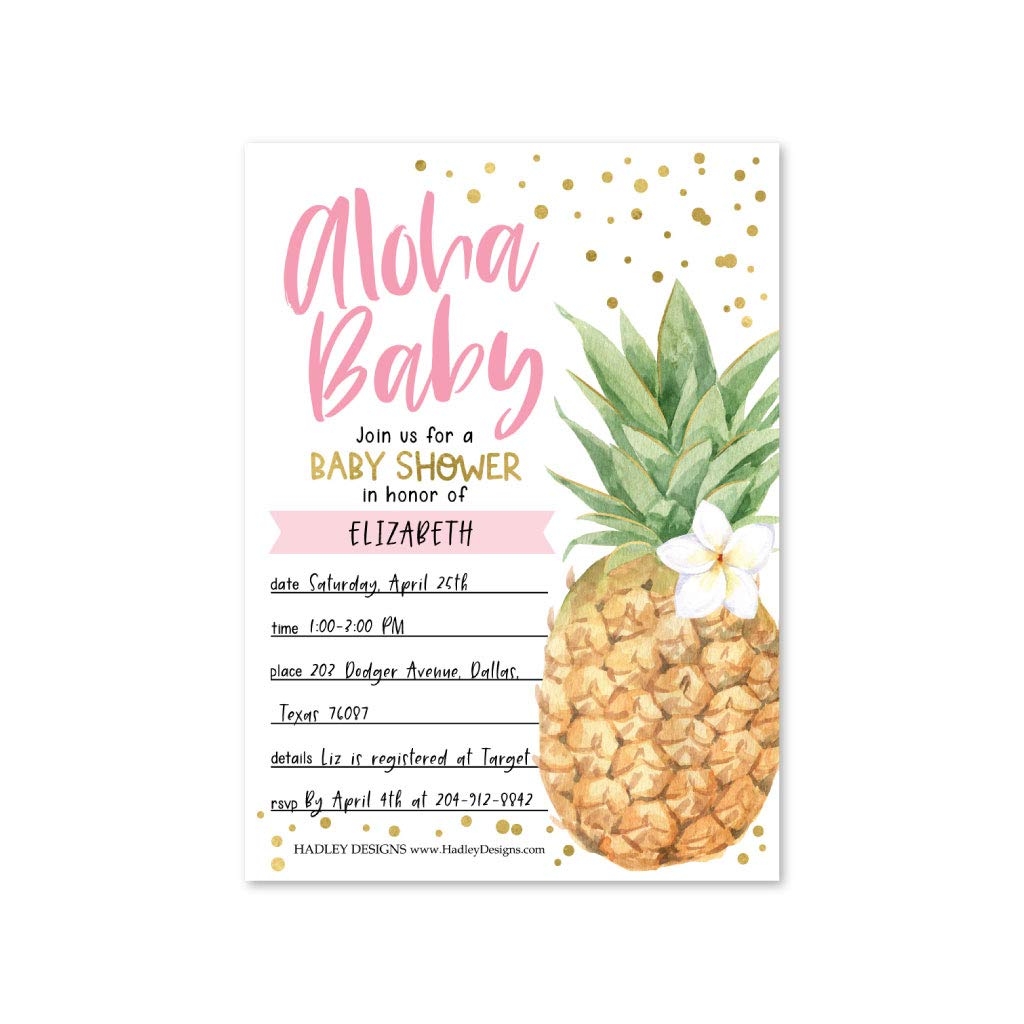 Amazon Hadley Designs 25 Aloha Luau Baby Shower Invitations Sprinkle Invite For Girl Coed Pineapple Gender Reveal Cute Pink Gold Beach DIY Fill Or Write In Blank Printable Card Hawaiian Floral