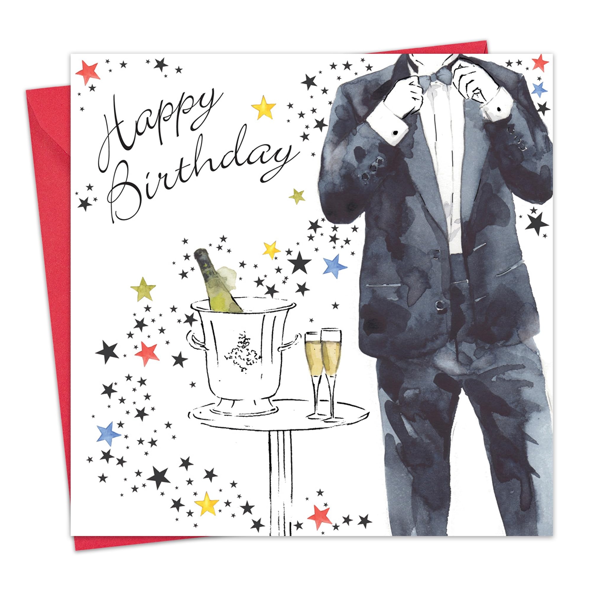 Amazon Twizler Happy Birthday Card For Him With Silver Foiling Unique Watercolour Effect Male Birthday Card Mens Birthday Card Champagne Card Office Products