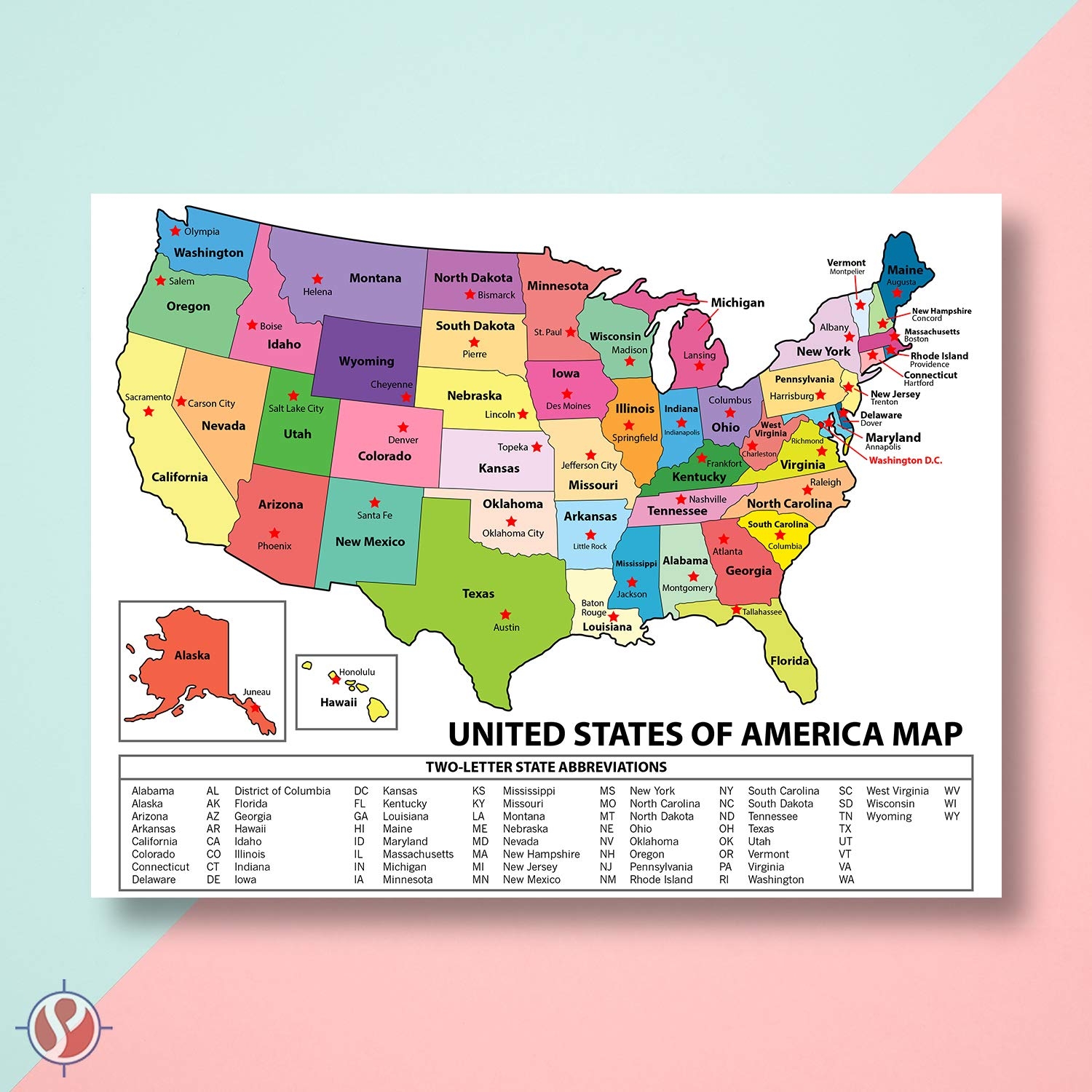 Amazon United States Map USA Poster US Educational Map With State Capital For Ages Kids To Adults Home School Office Printed On 12pt Glossy Card Stock 