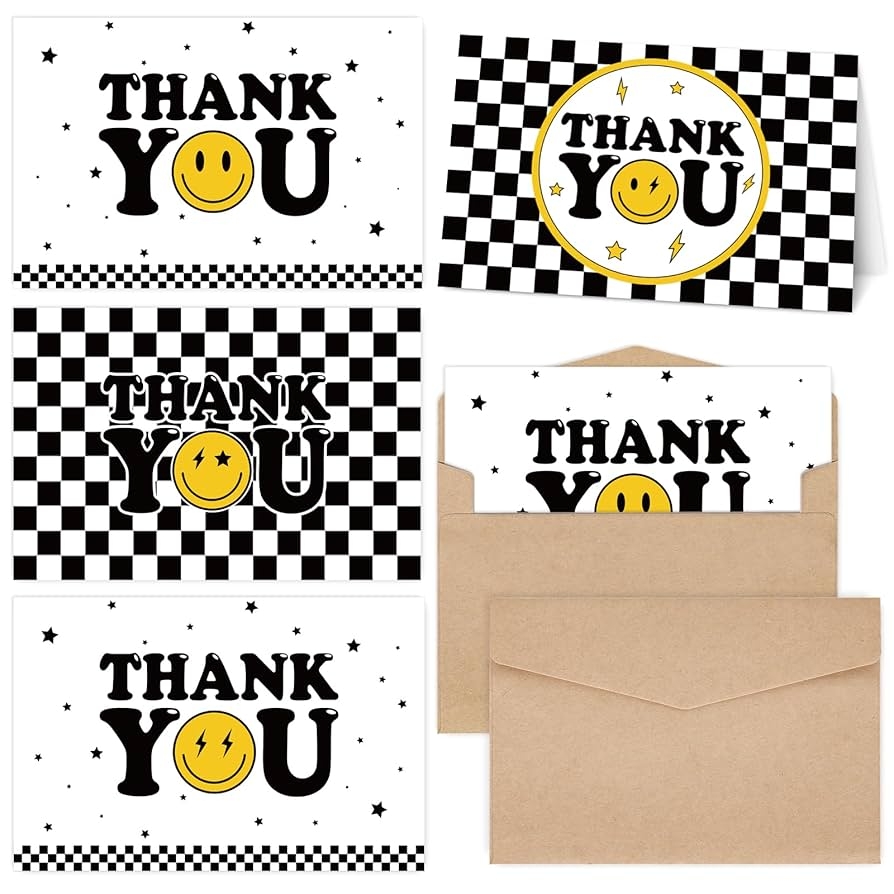 Amazon Whaline 40Pcs One Happy Dude Thank You Greeting Cards With Envelopes And Stickers Checkerboard Smile Face Thank You Cards For Back To School Birthday Baby Shower Decors 4 Designs 