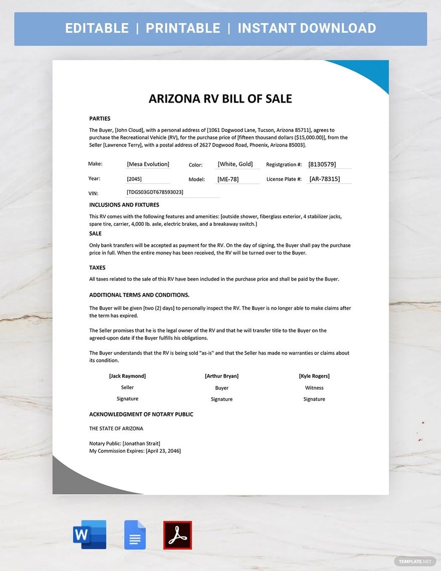Arizona RV Bill Of Sale Template In Word PDF Google Docs Download Template