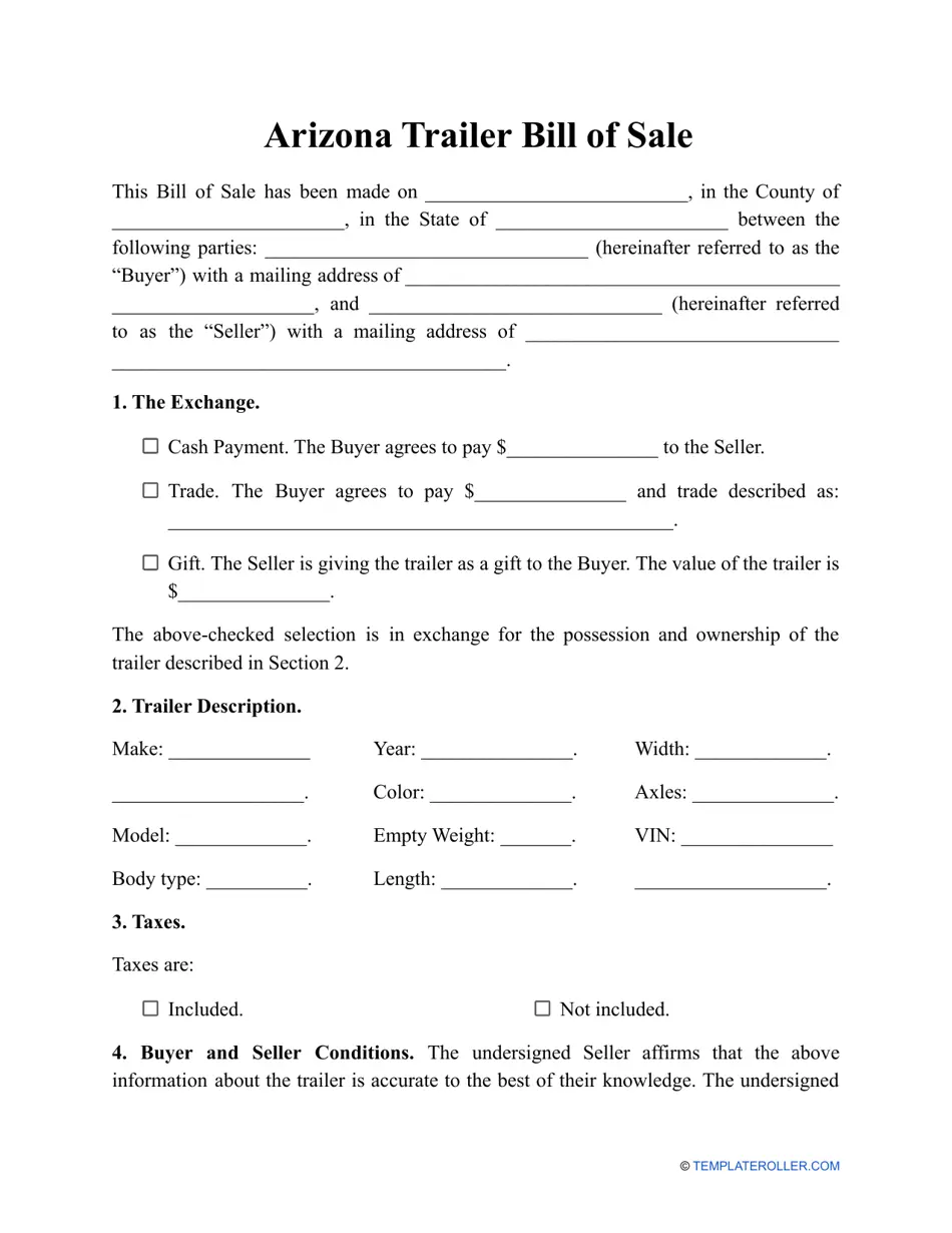 Free Printable Bill Of Sale For Rv In Arizona