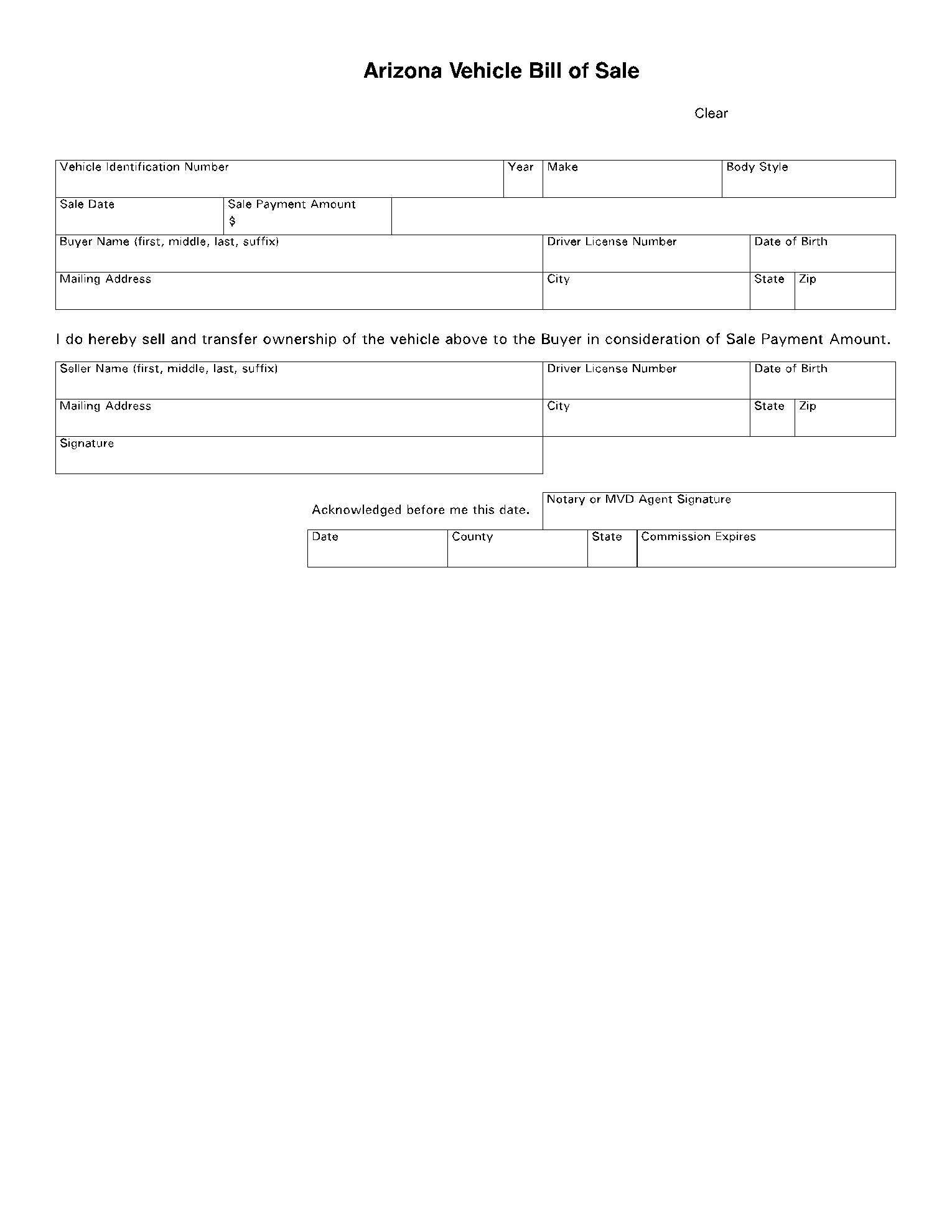 Arizona Vehicle Bill Of Sale Template 100 Free CocoSign