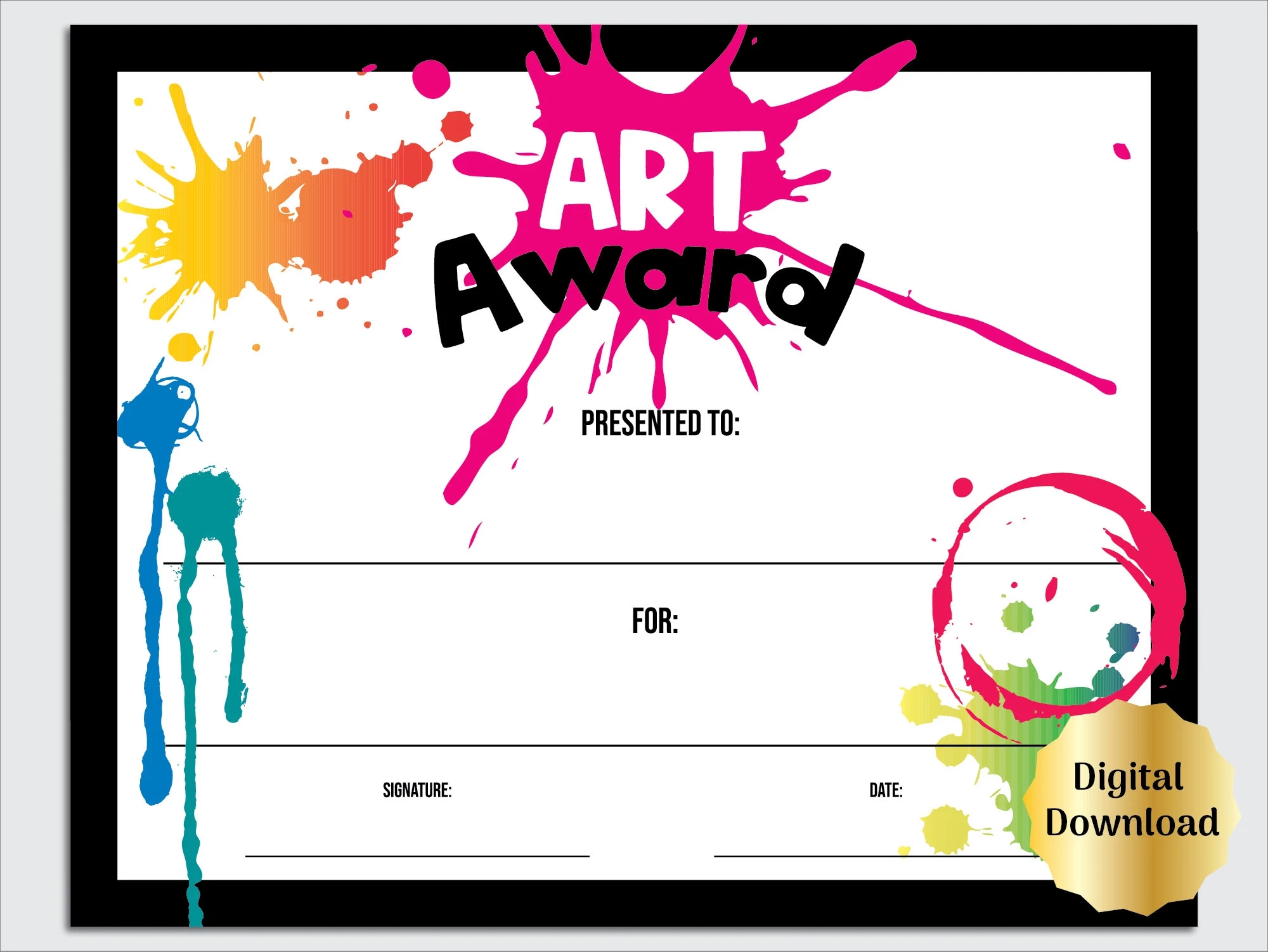 Art Award Certificate Printable Art Class Or Student Art Exhibit Editable PDF Digital Download Art Teacher Award Template Etsy