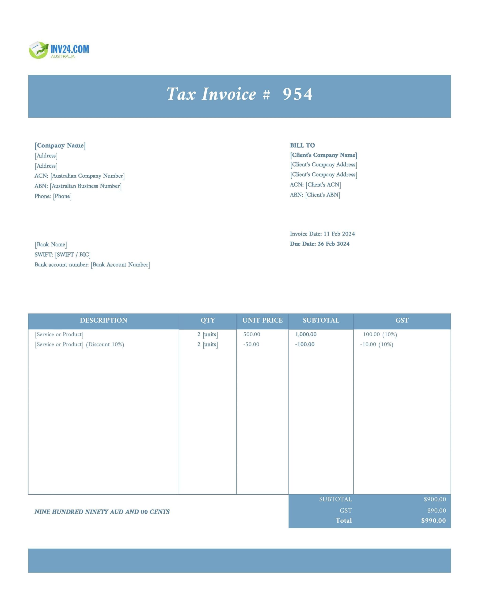 Australian Blank Invoice Template xls Excel Google Sheets 
