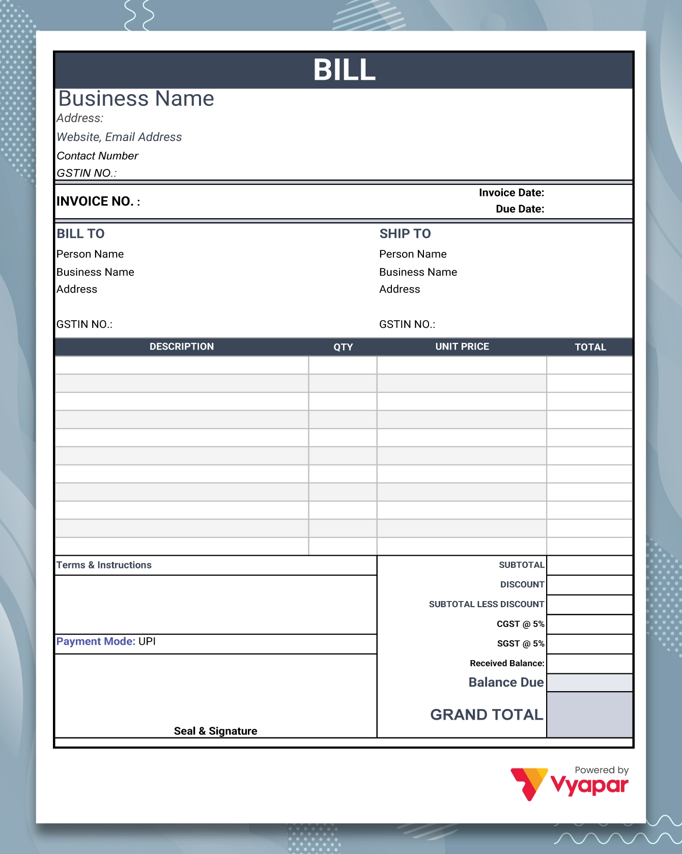 Bill Invoice Format In Excel India Free Download