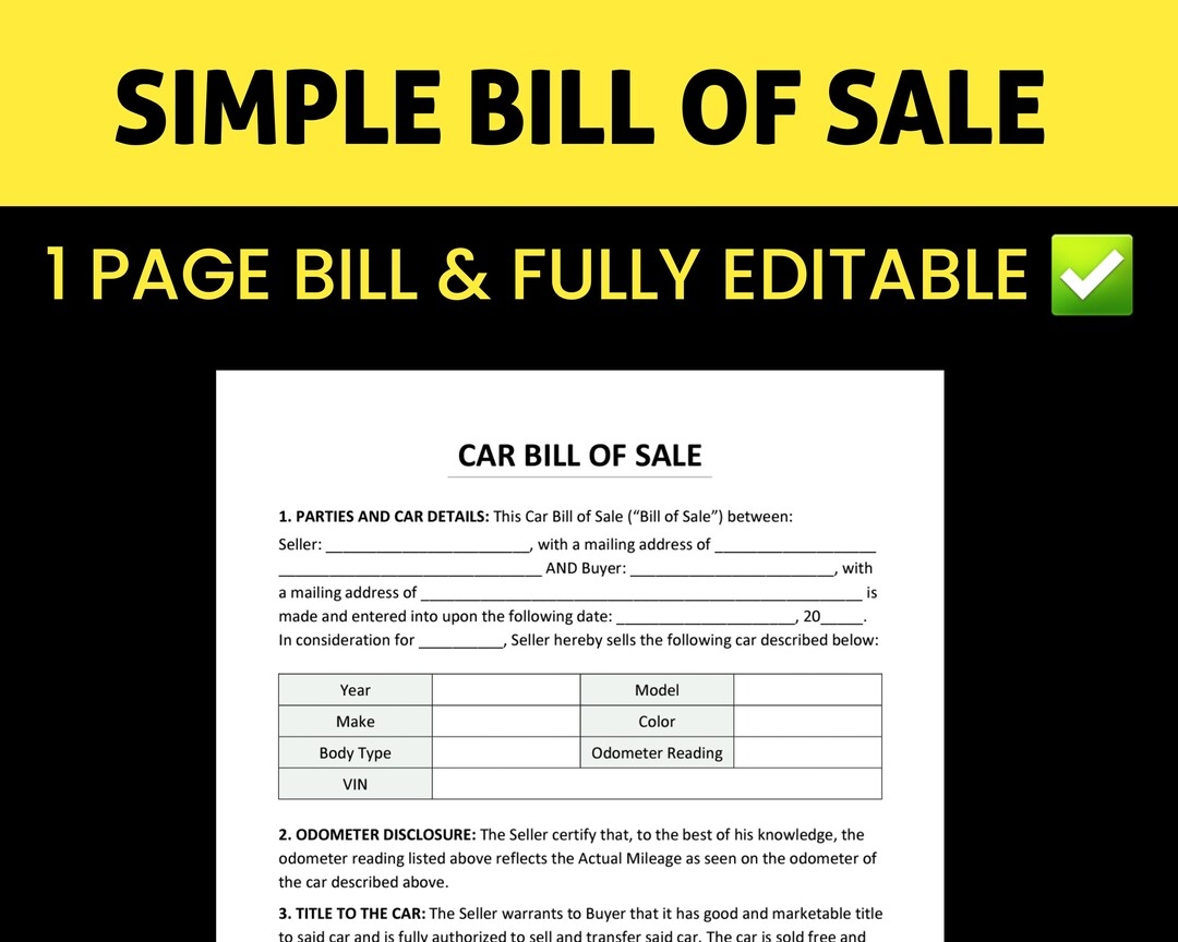Bill Of Sale For Car Pdf word google Docs Template Printable fillable editable downloadable Etsy